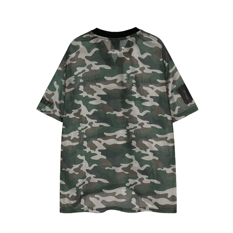 Oversized green camo mesh jersey tee with short sleeves and black crew neck on white background