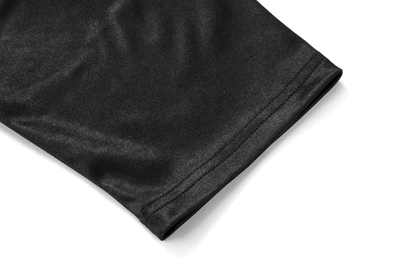 Close-up of black sleeve hem with neat double stitching on performance jersey