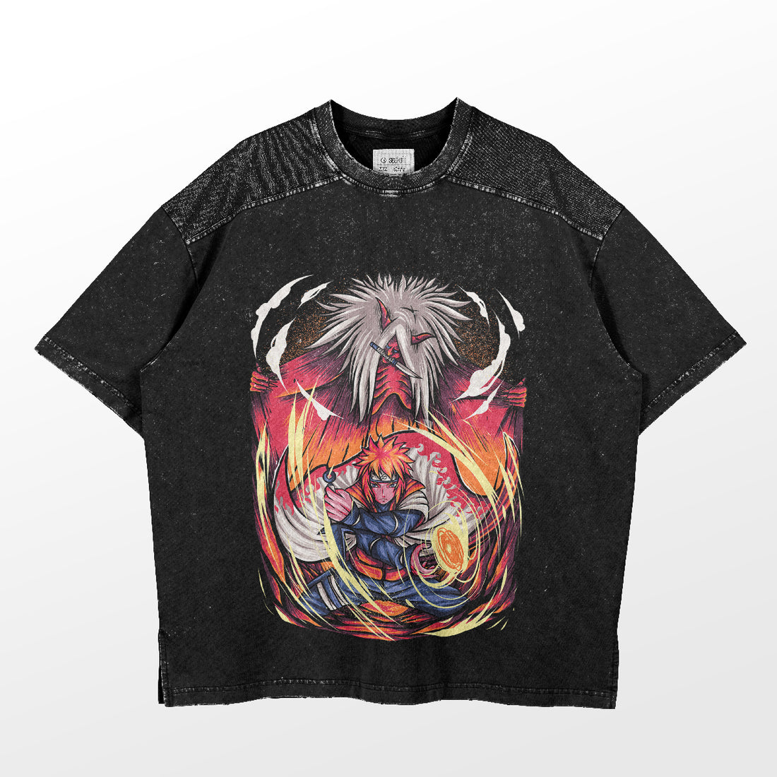 The Naruto Minato Namikaze and Shiki Fujin T-Shirt by Naruto features a colorful design with a red-haired character in armor and a white-bearded figure. Its faded, vintage look makes it perfect for anime enthusiasts seeking unique apparel.