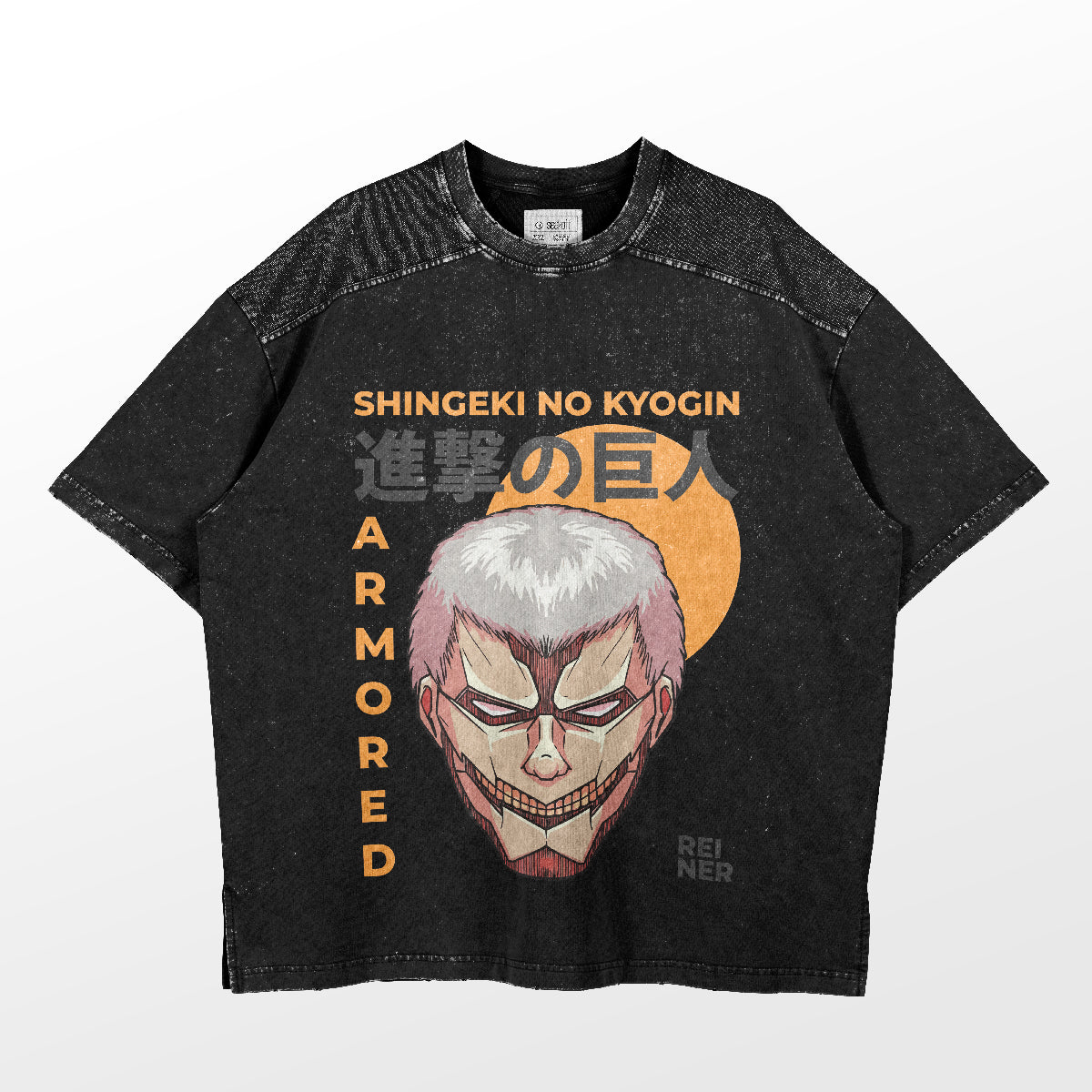 The Reiner Braun Armored Titan T-shirt by Attack on Titan features a graphic of Reiner with short hair and a stern look, plus &quot;Shingeki No Kyojin,&quot; &quot;Armored Titan,&quot; and &quot;Reiner&quot; within an orange circle.