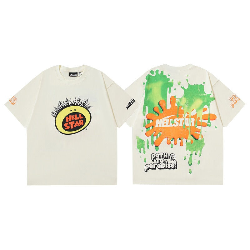 เสื้อเชิ้ต Slime Hellstar-เสื้อยืดสีเบจผ้าสีเบจ 250gsm สีเบจเฮลสตาร์พร้อมกราฟิกยิ้มและเส้นทางสู่การออกแบบสาดสาดสวรรค์