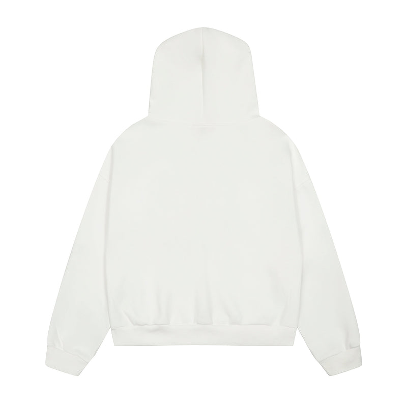 Back view of white zip hoodie with plain hood and sleeves