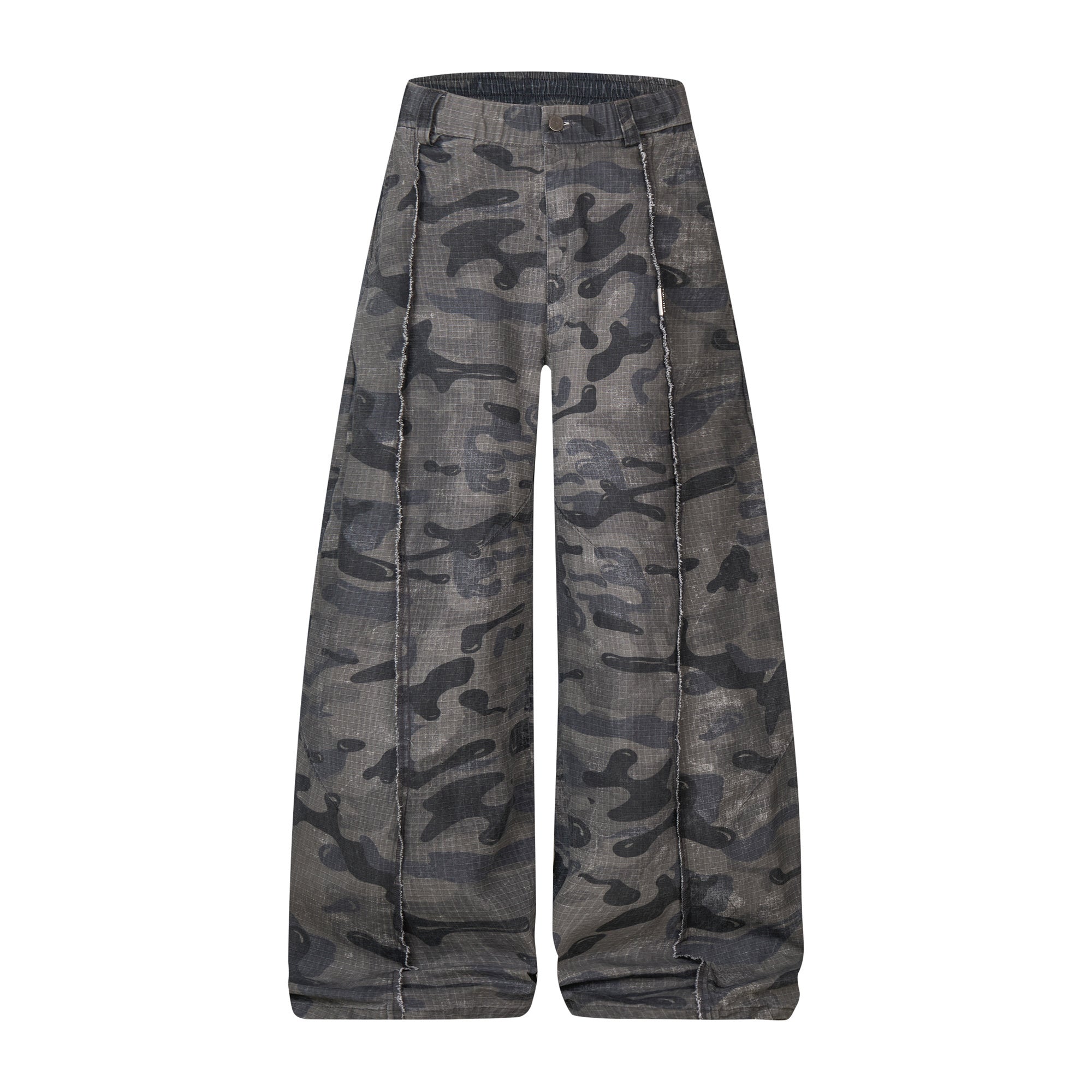 Omirad dark grey camouflage wide-leg pants with raw-edge seam detailing and button waistband, front view