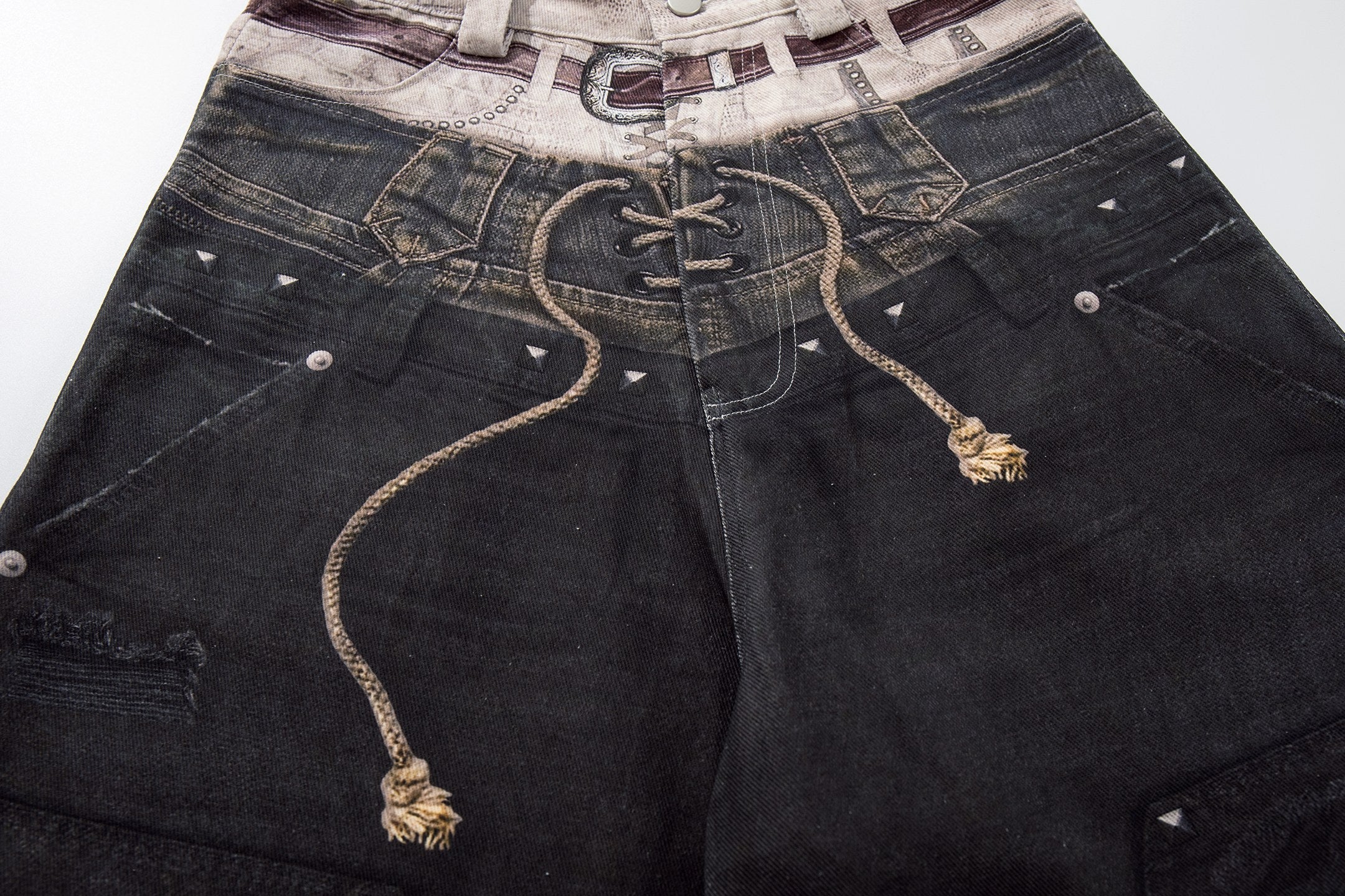 Omirad Layered Distressed Patch Wide-Leg Denim Pants
