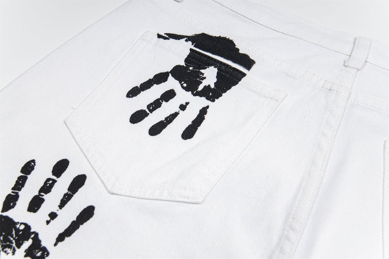 Omirad Handprint White Denim Pants | Wide-Leg Street Style