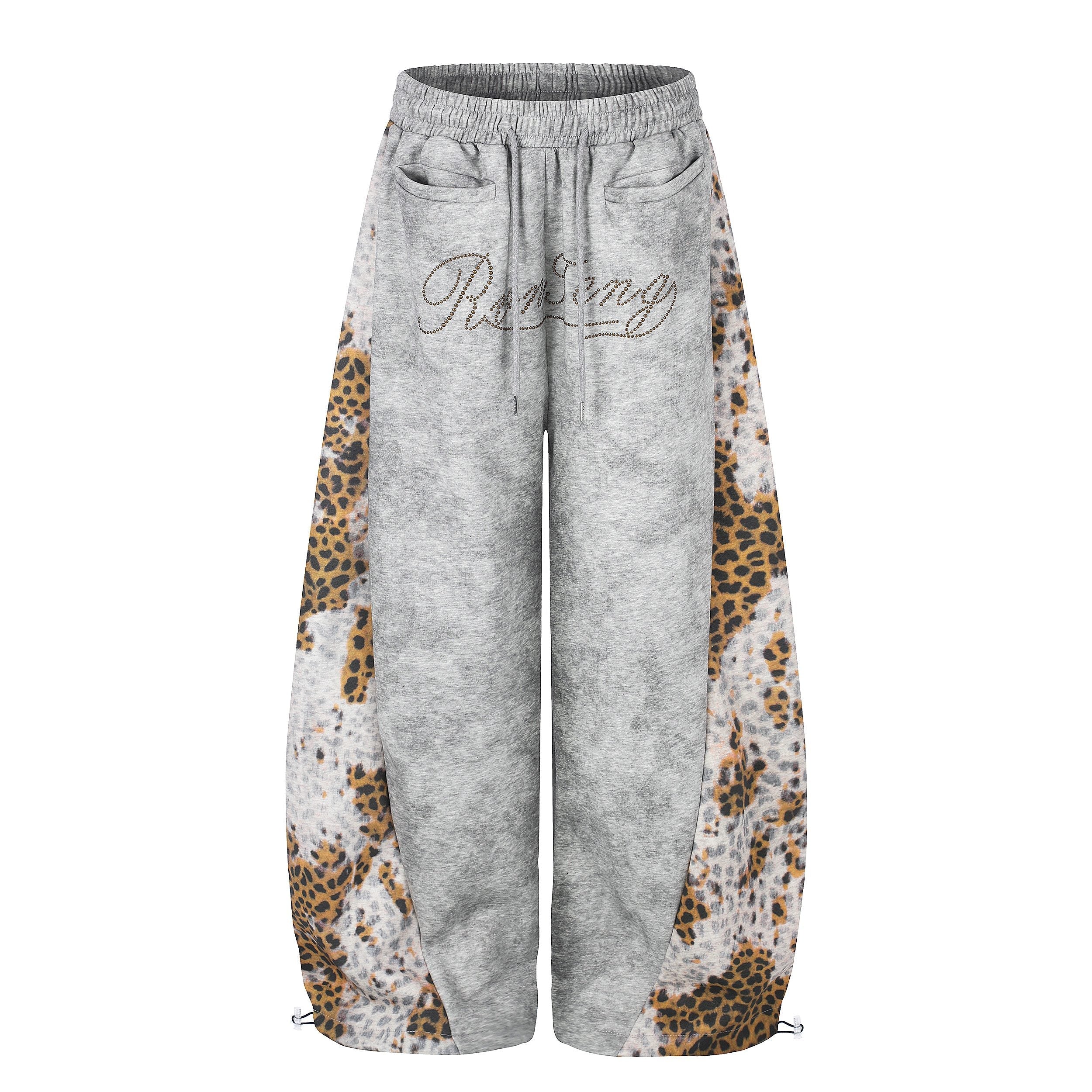 Leopard Panel Wide-Leg Sweatpants | Y2K Rhinestone Logo