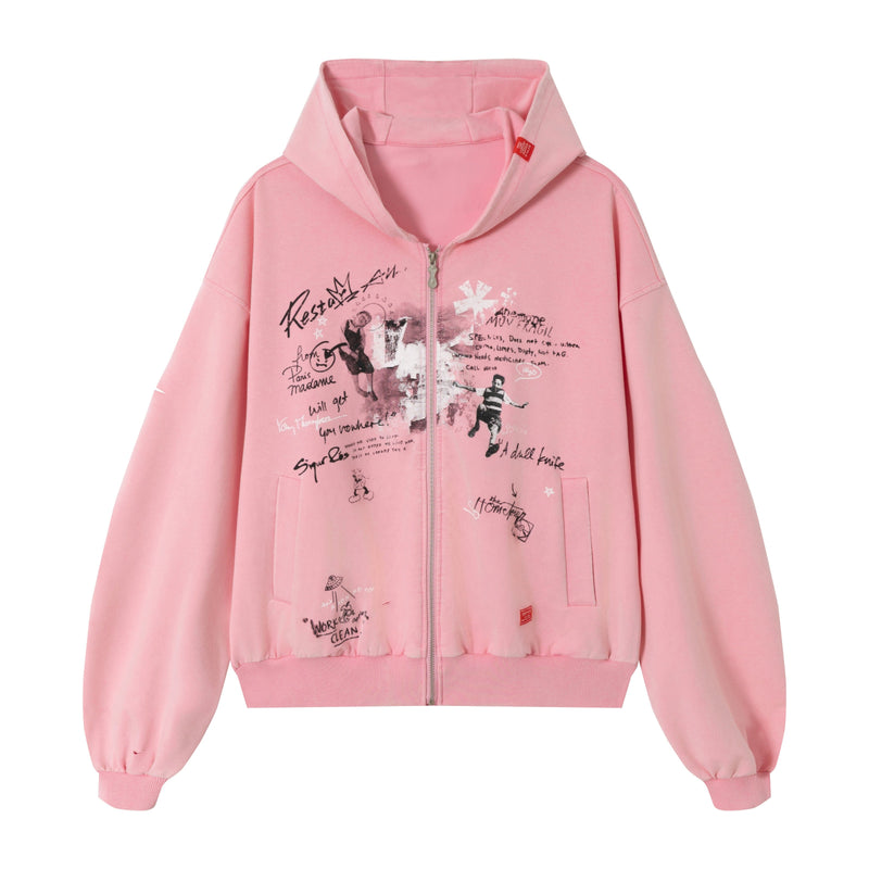 Pink zip hoodie with front graphic print, long sleeves and ribbed cuffs, front view