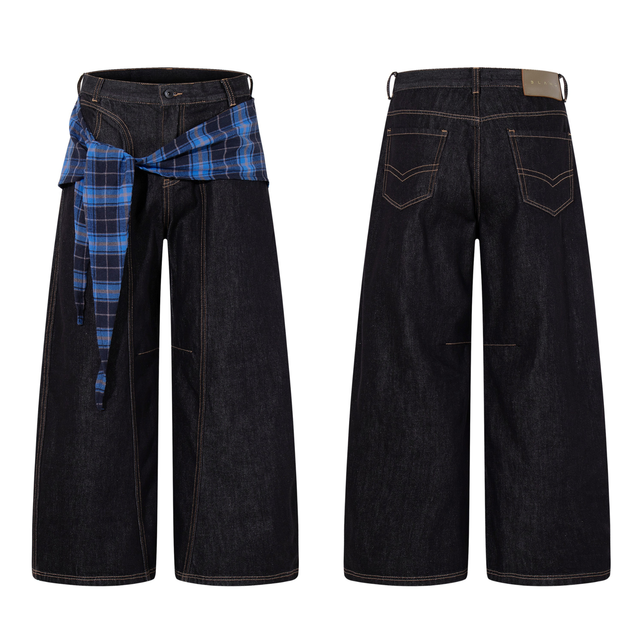 Front and back view of dark indigo wide-leg jeans with blue plaid side panel tied at the waist and contrast topstitching