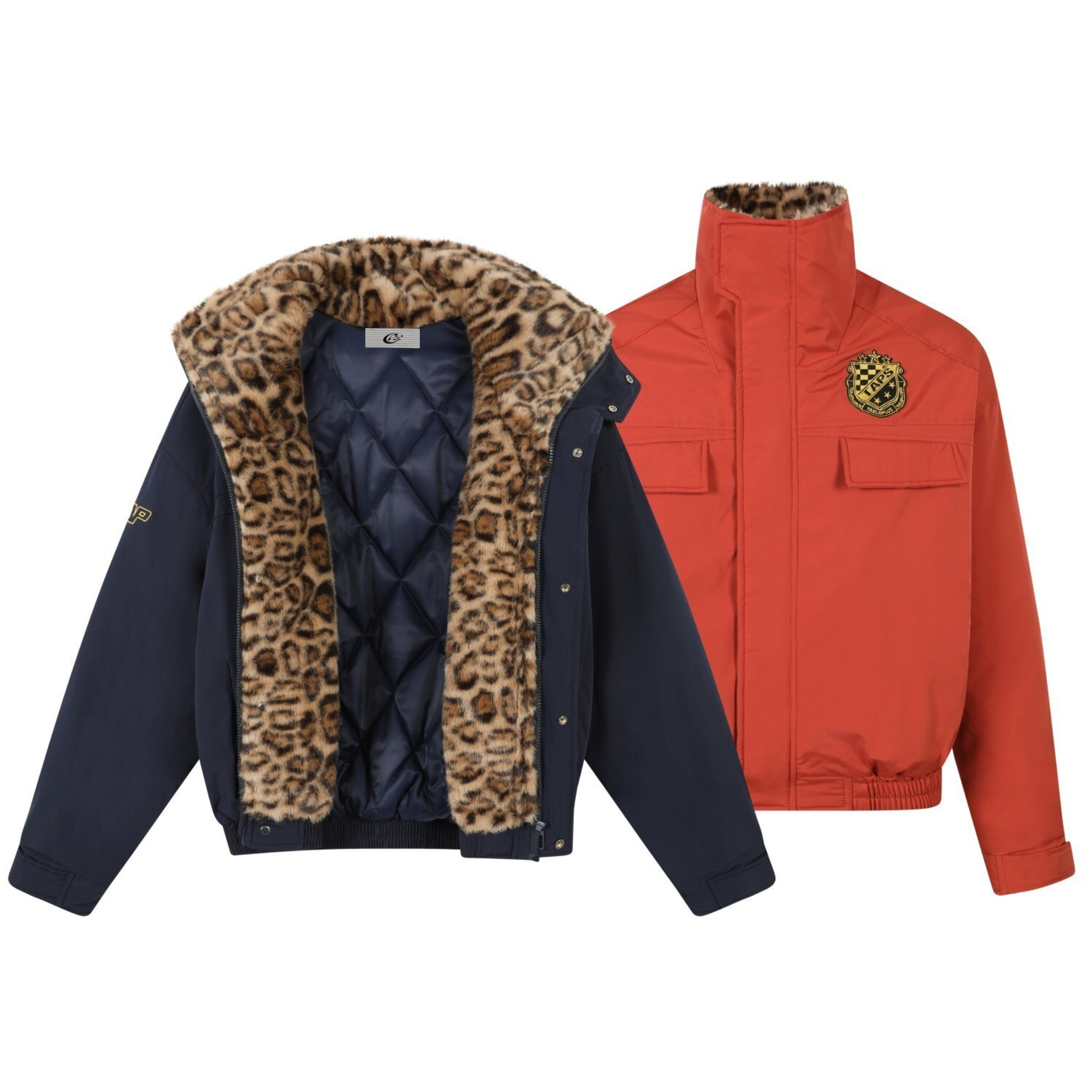 Navy military bomber jacket open to show quilted interior and leopard-print faux fur lining, displayed alongside red colorway