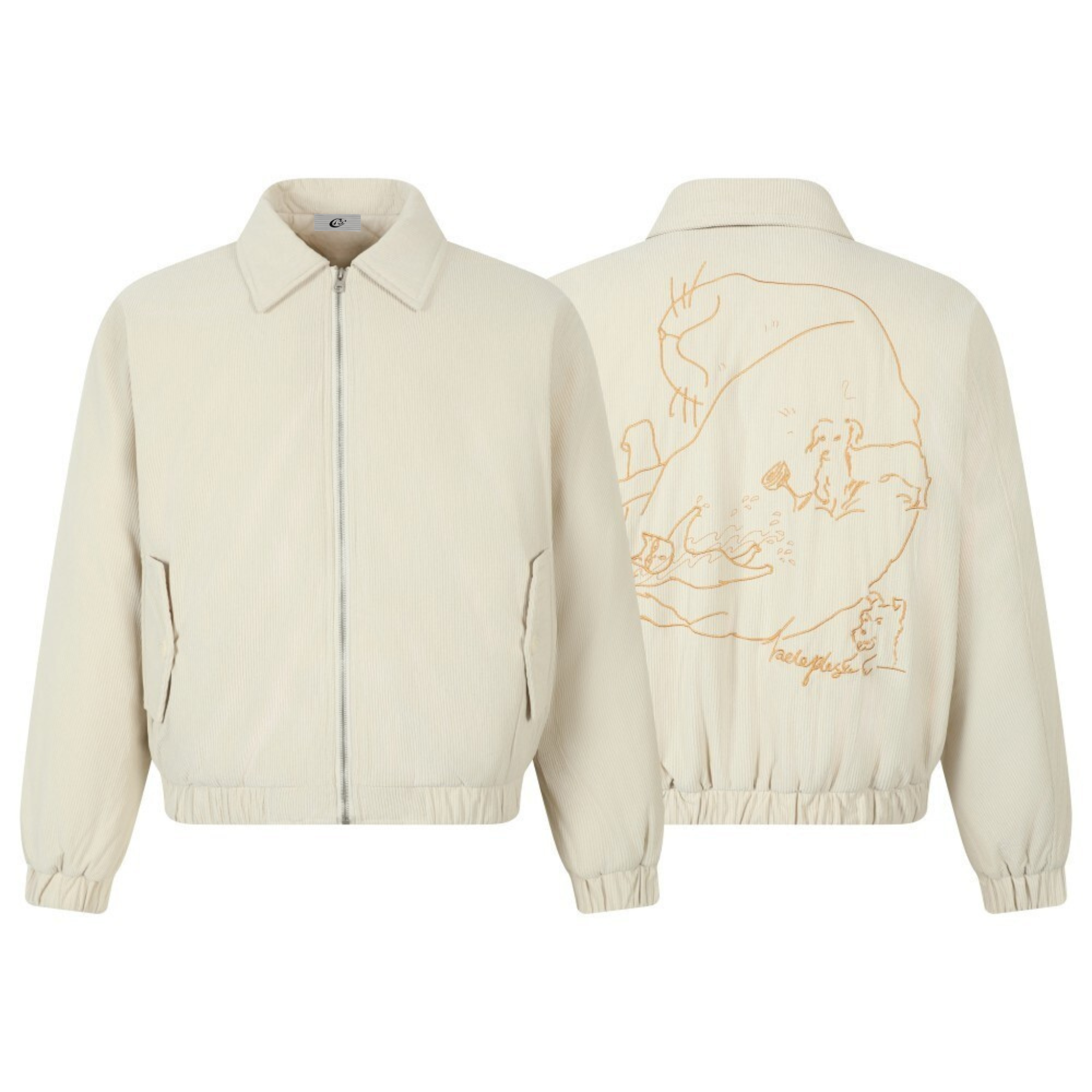 Cream corduroy zip-up jacket shown front and back, featuring an amber embroidered line-art graphic on the reverse