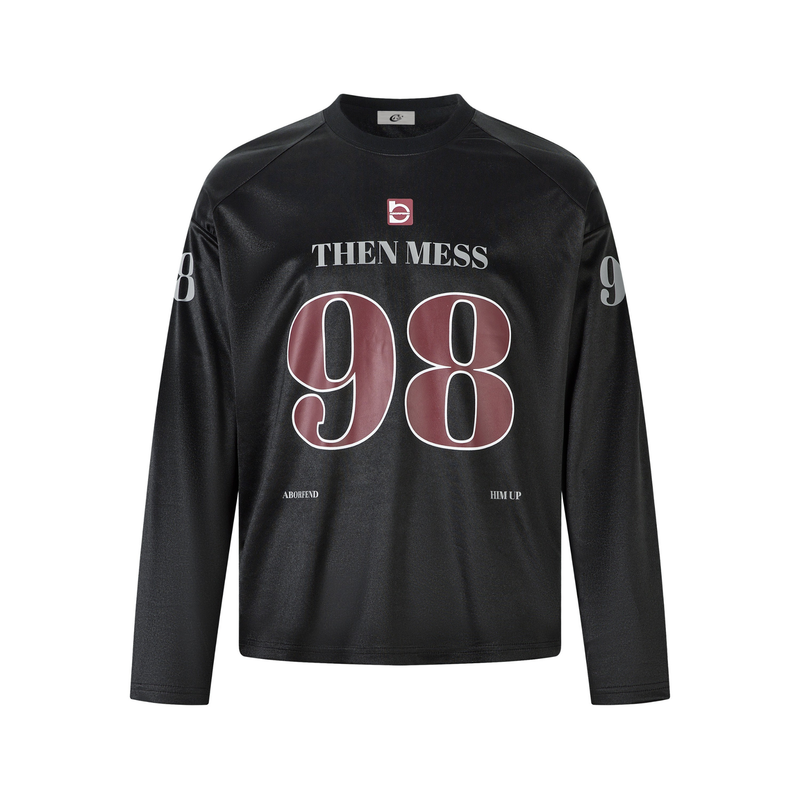 Black long sleeve jersey tee with front THEN MESS and 98 graphic