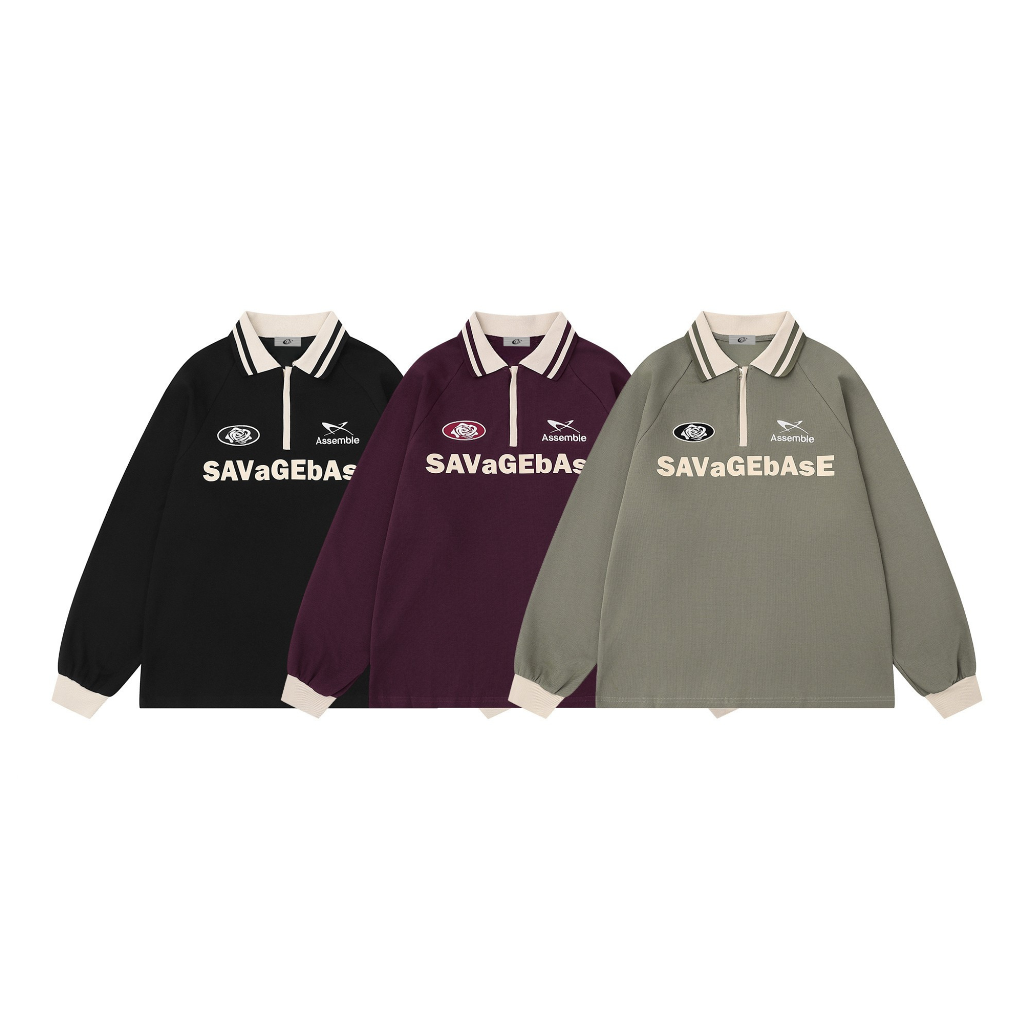 SAVaGEbAsE retro rugby polo sweatshirt in black with cream contrast collar, embroidered patches, and bold chest lettering