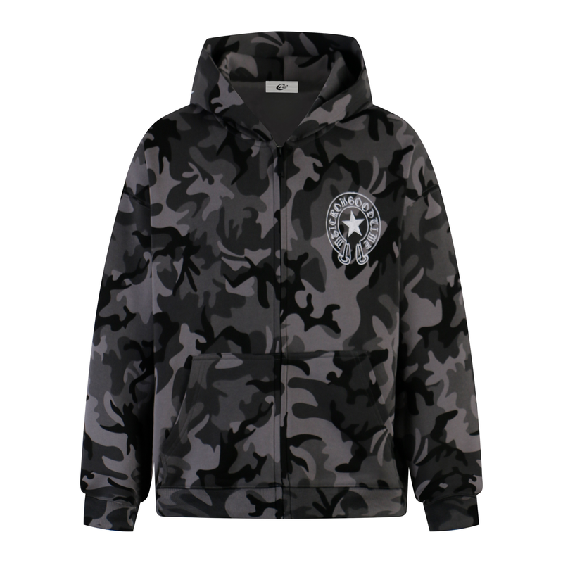 Black and gray camo zip-up hoodie with front chest logo and front pockets