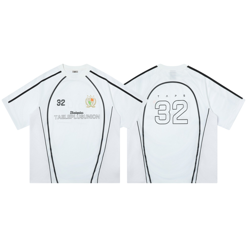 White Taeleplus Union 32 sports jersey tee with black trim, front and back views, and bold number 32 print