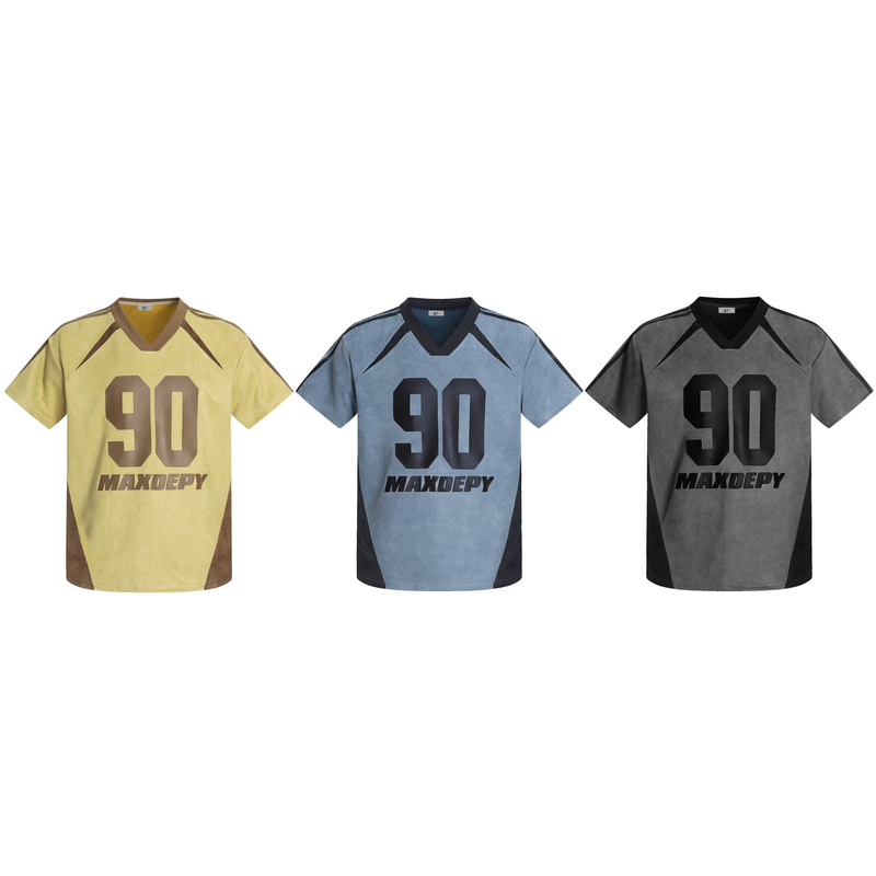 Three colorblock varsity mesh jersey tees with number 90 and MAXDEPY print in yellow, blue, and gray