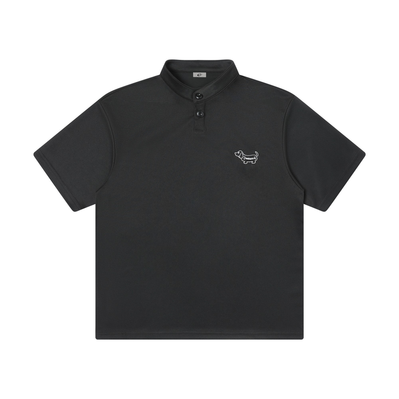 Black short-sleeve polo shirt with button placket and small embroidered dog logo on the chest