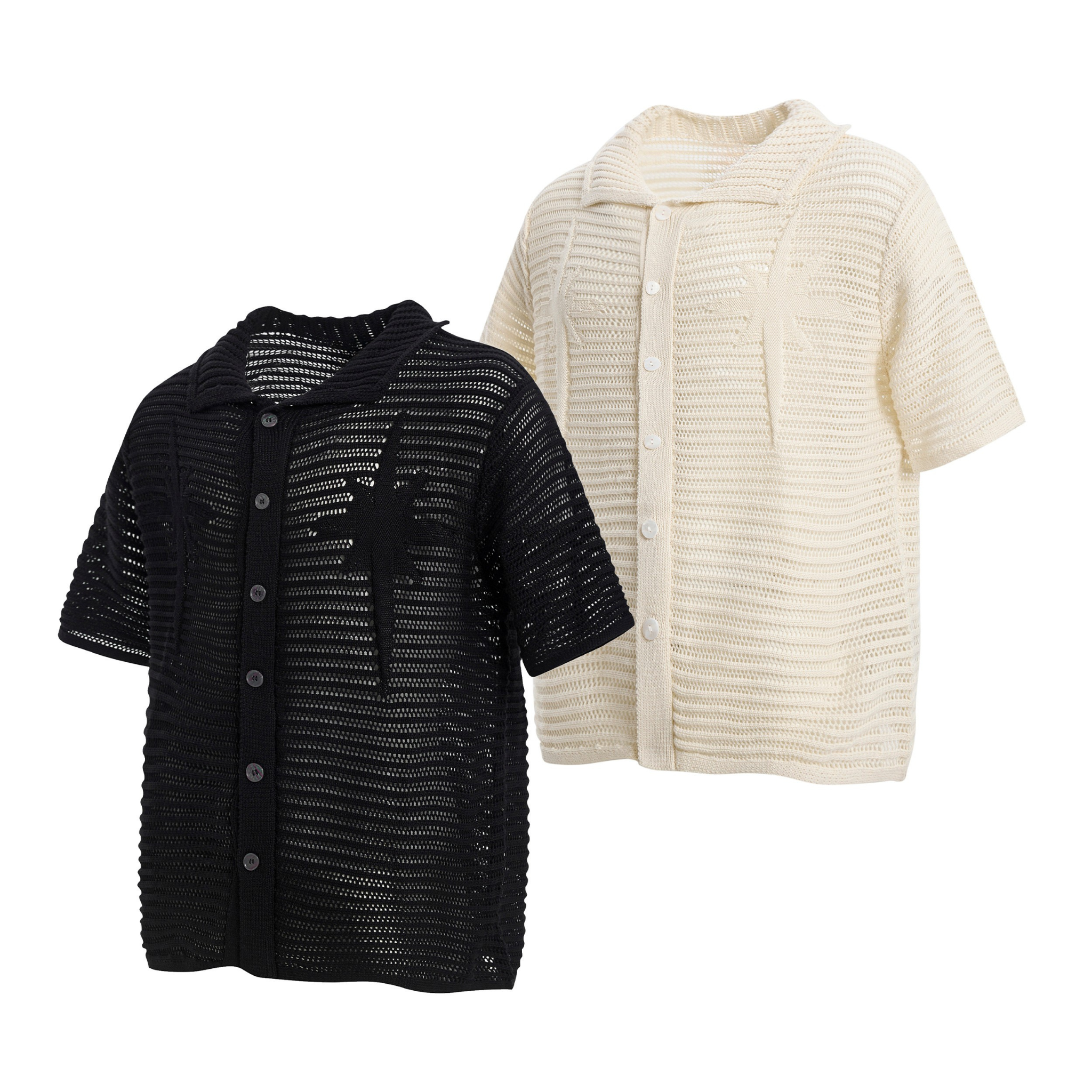 Omirad open-knit star shirt in black and cream, short-sleeve button-up with mesh texture and chest pocket
