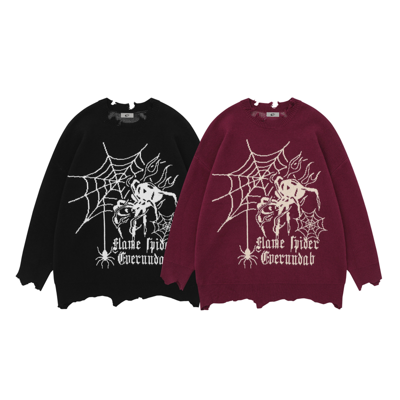 Black and burgundy oversized knit sweaters with spider web graphic and distressed hem