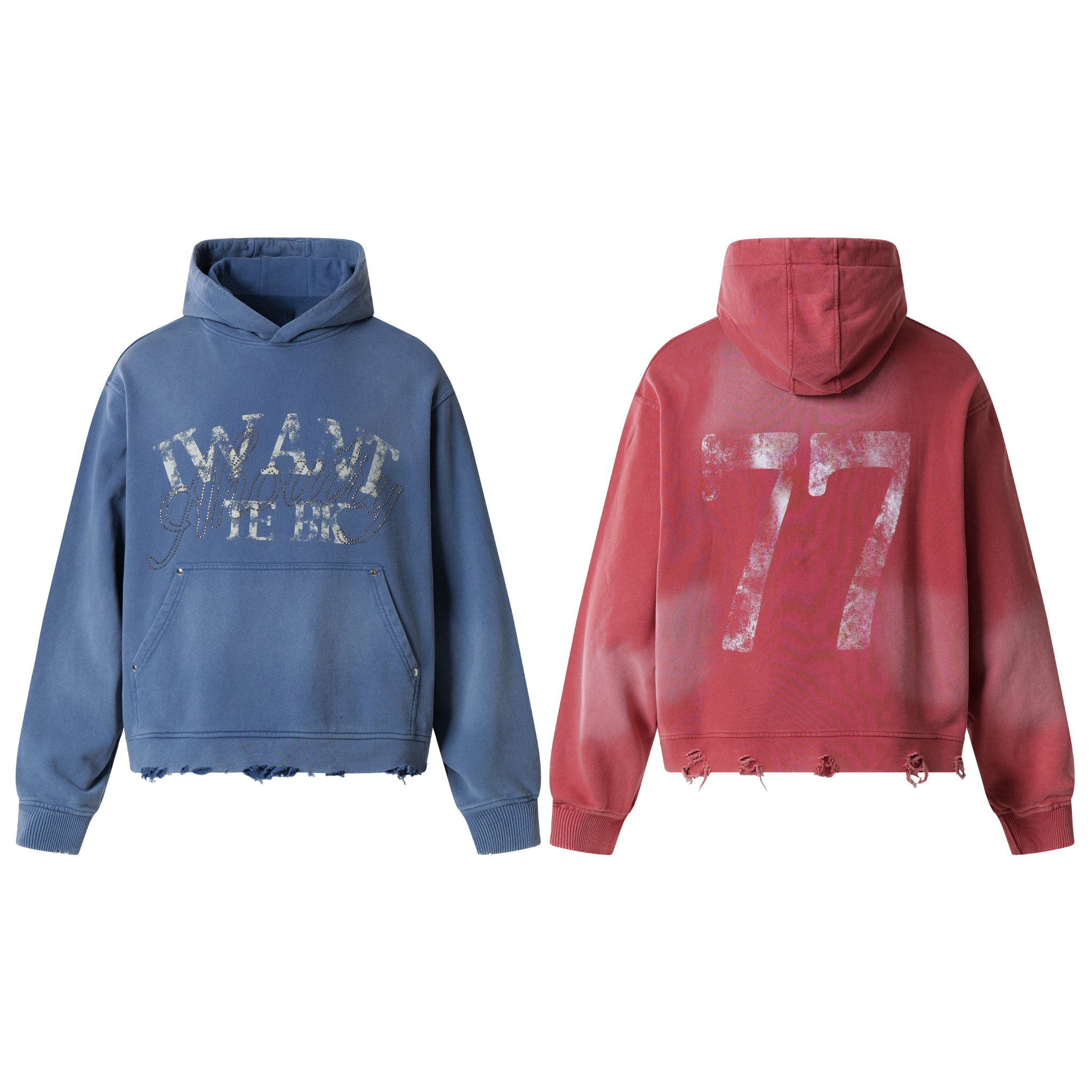 Front view of a washed blue oversized hoodie with distressed lettering graphic and raw hem detail