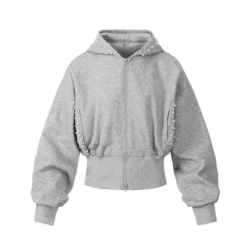 Light gray cropped zip-up hoodie with pearl trim along the hood and side seams, front view
