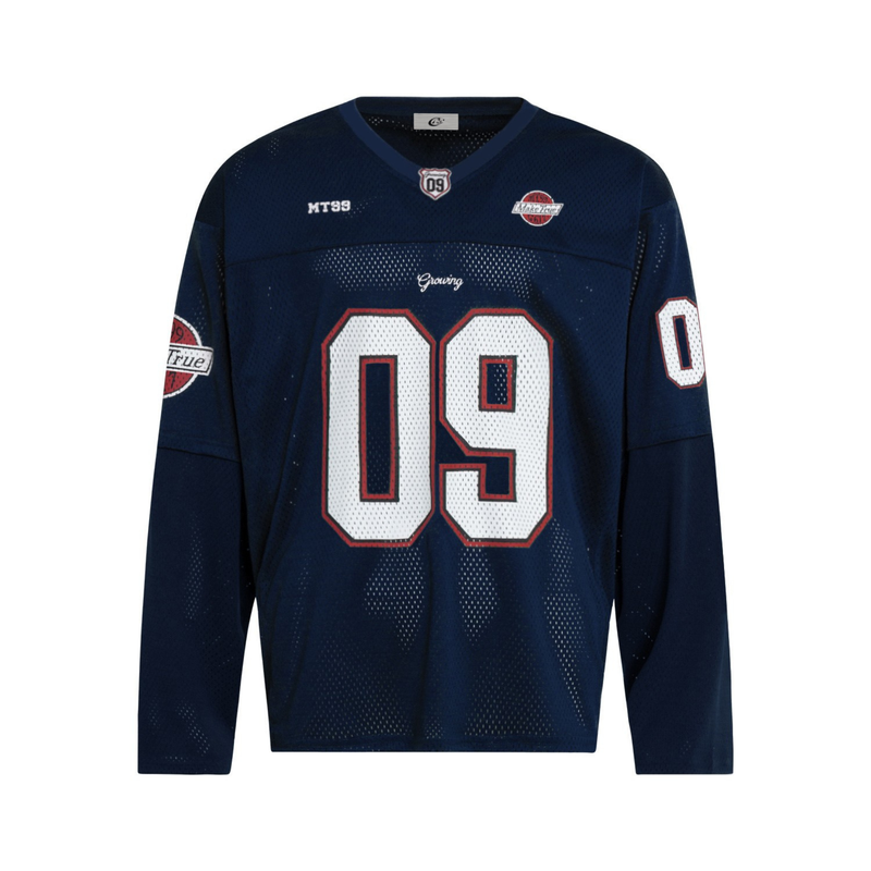 Navy mesh hockey jersey front with white 09 number and red trim