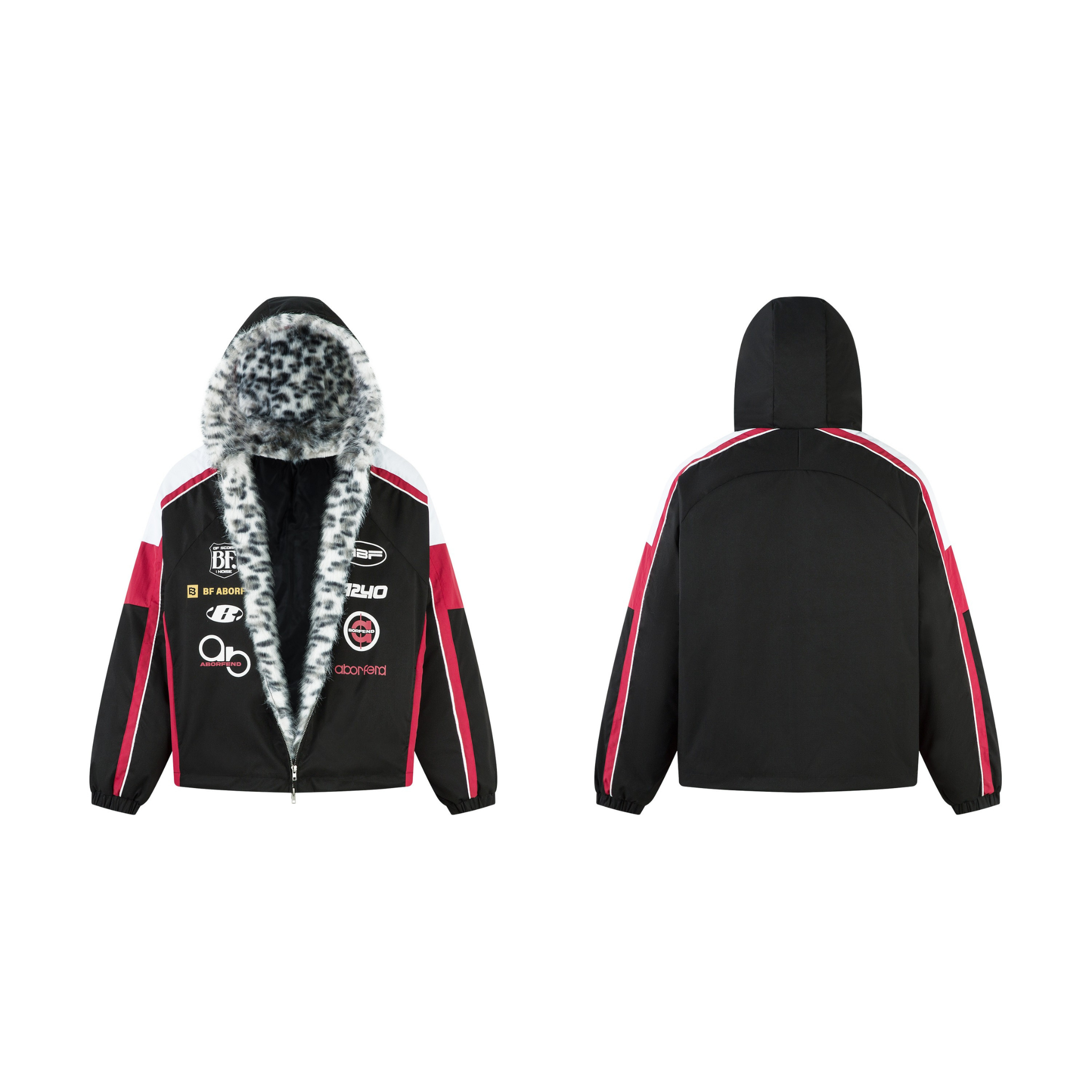 Front and back view of black nylon racing patch jacket with leopard faux fur hood and red white color-block panels