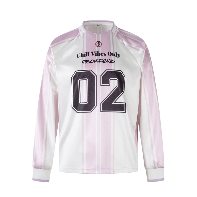 Front view of a white long sleeve jersey top with pink retro stripes and large black 02 graphic