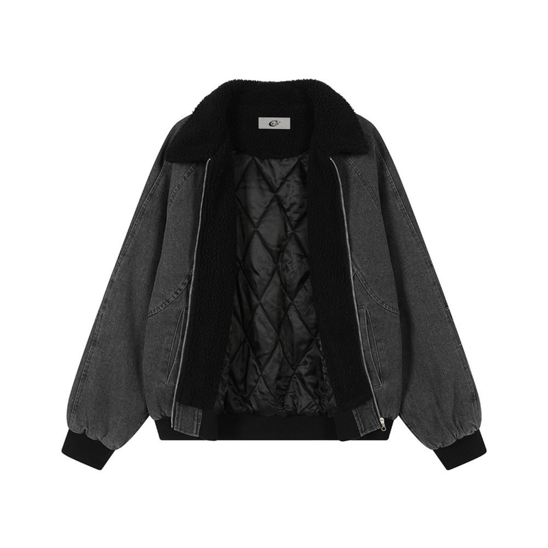 Quilted Denim Sherpa Collar Bomber Jacket | Streetwear
