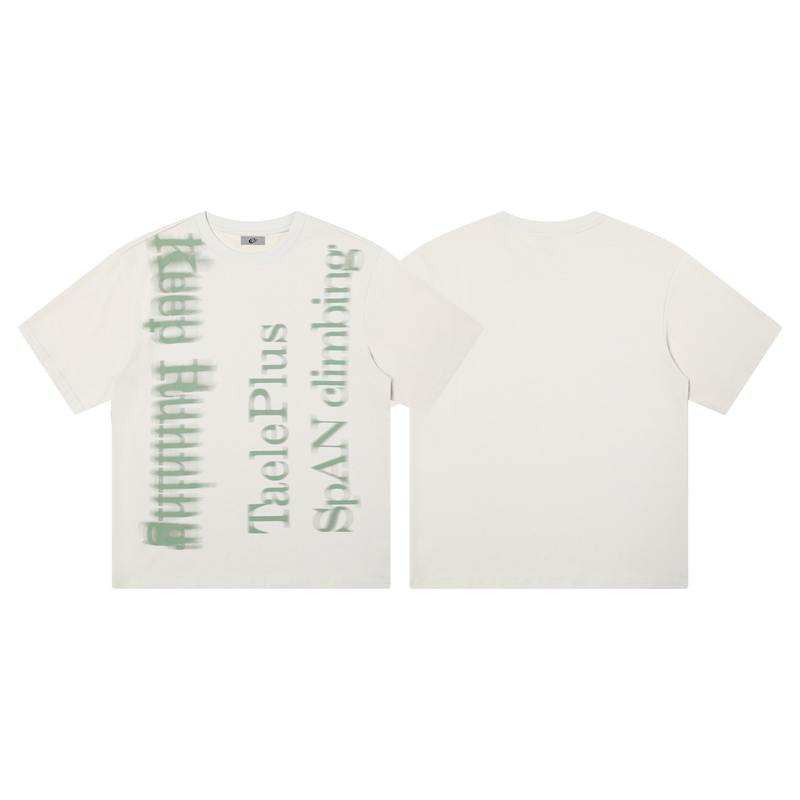 Oversized cream T-shirt with faded green spray-style letter graphics on the front and a plain back
