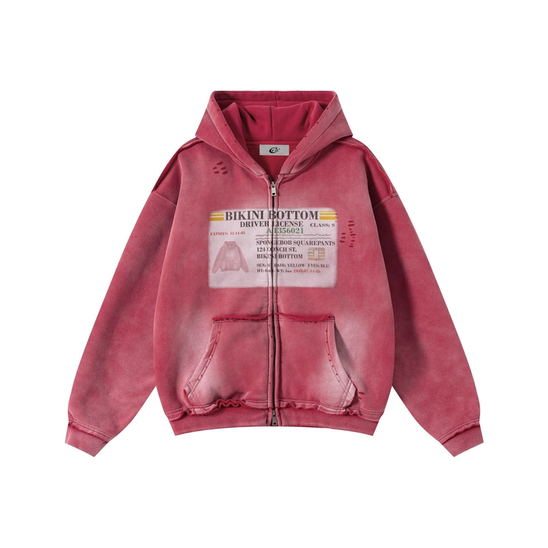Pink vintage wash zip hoodie with Bikini Bottom graphic on the front, front view