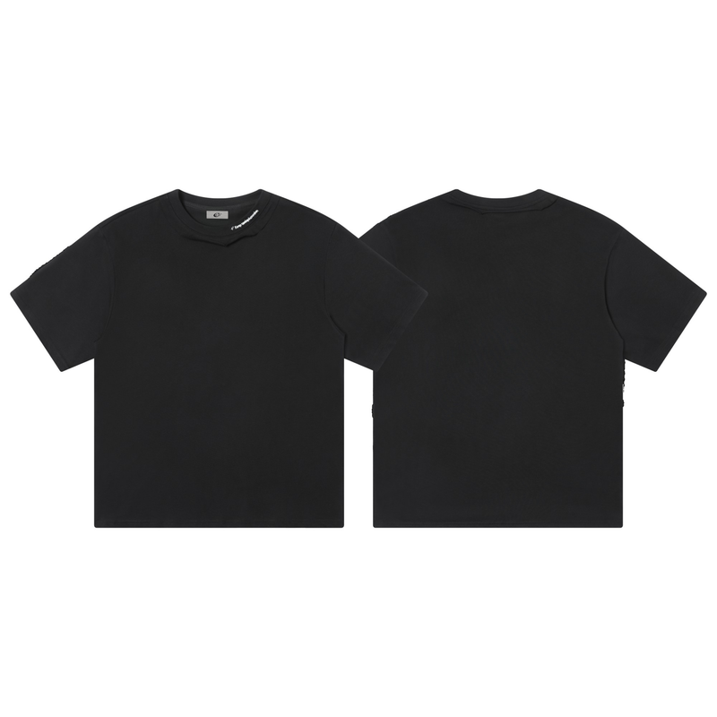 Black minimalist streetwear tee with deconstructed collar, shown front and back on a clean white background
