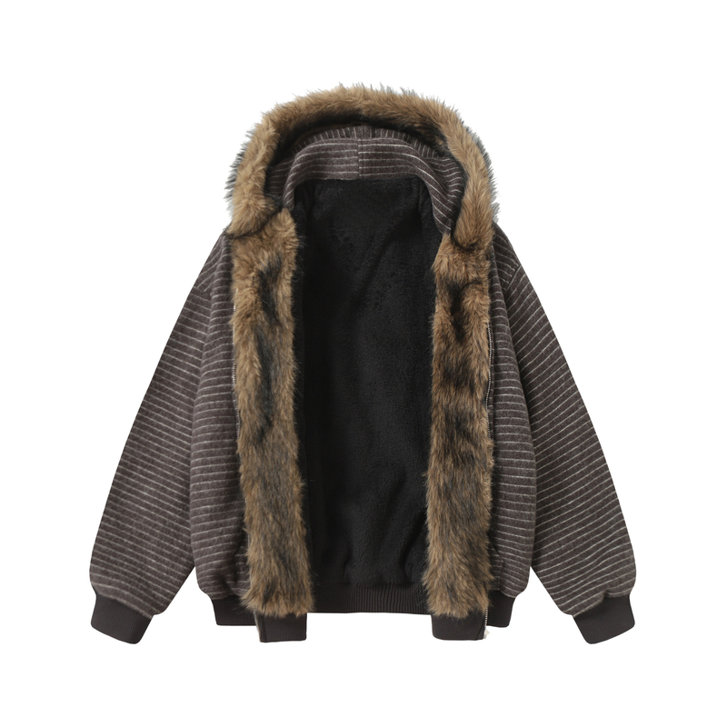 Striped Faux Fur-Lined Zip-Up Hooded Jacket | Omirad