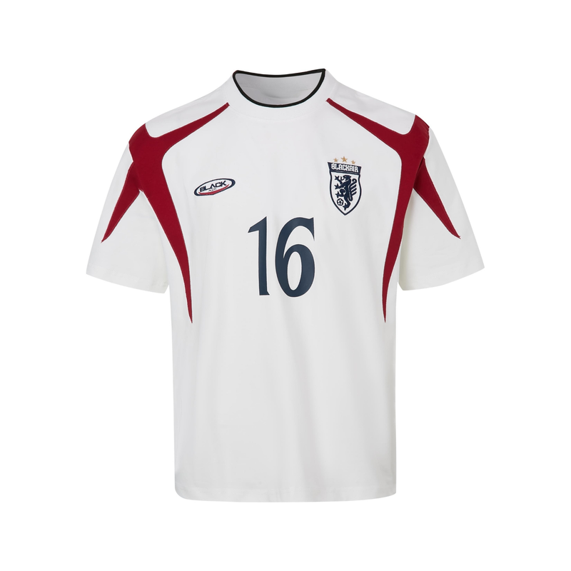 White retro soccer jersey tee with red accents, black trim collar, and large number 16 on the front