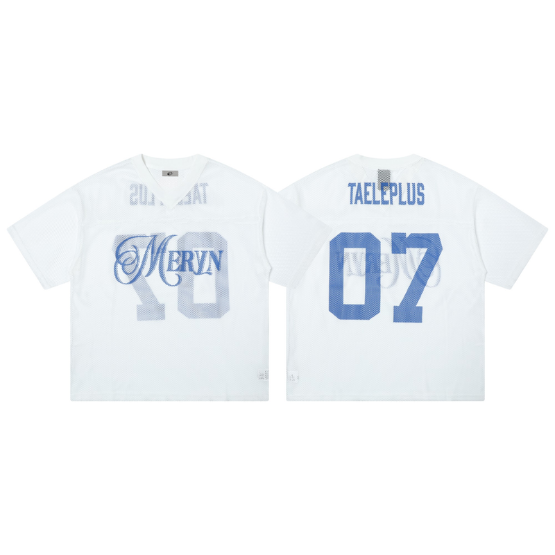 White oversized mesh varsity jersey tee with blue 07 graphic and Taeleplus lettering on front and back
