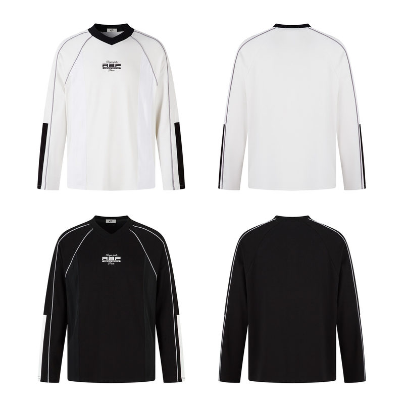 White and black long-sleeve raglan top set, front and back views