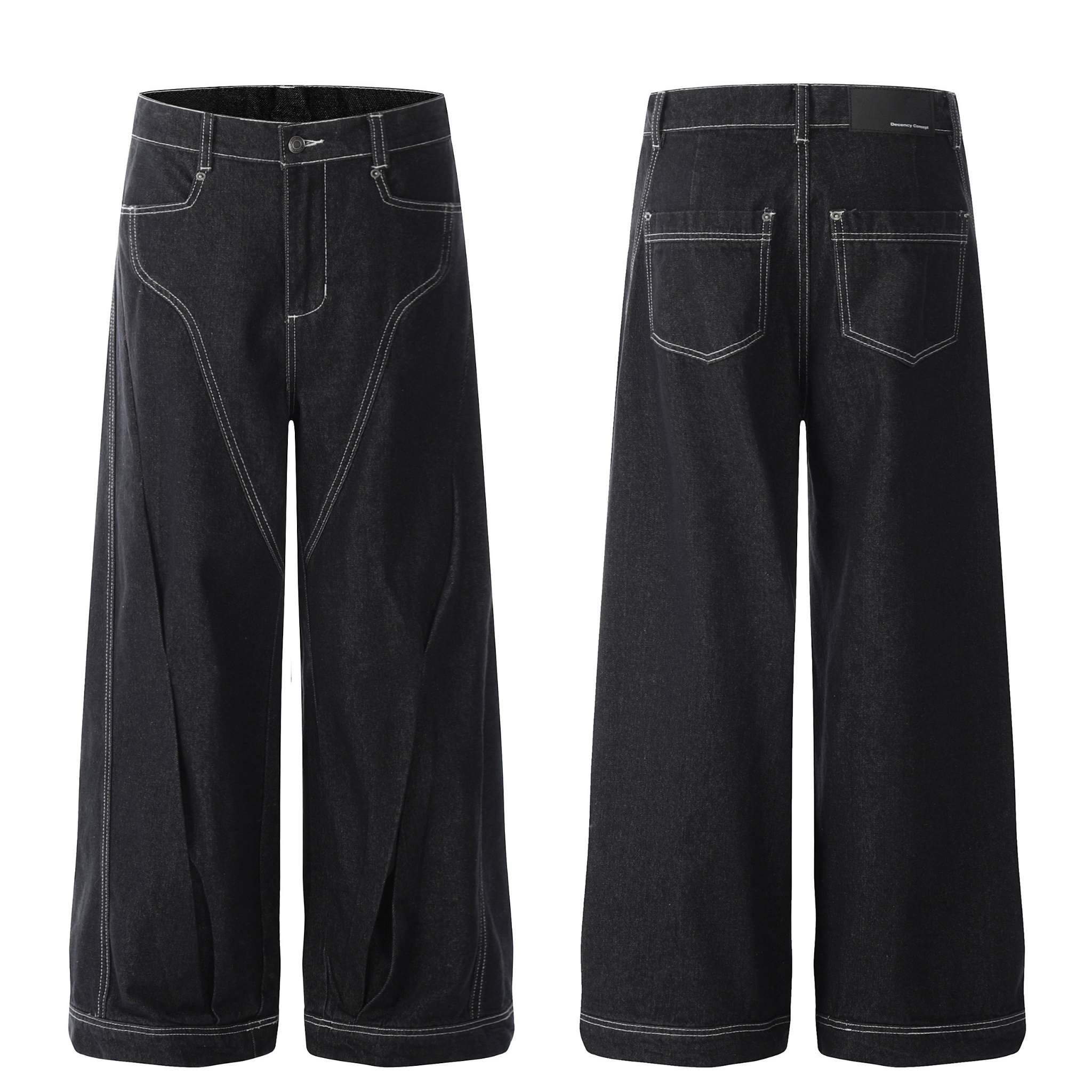 Front and back view of black wide-leg jeans with white contrast stitching and curved panel lines