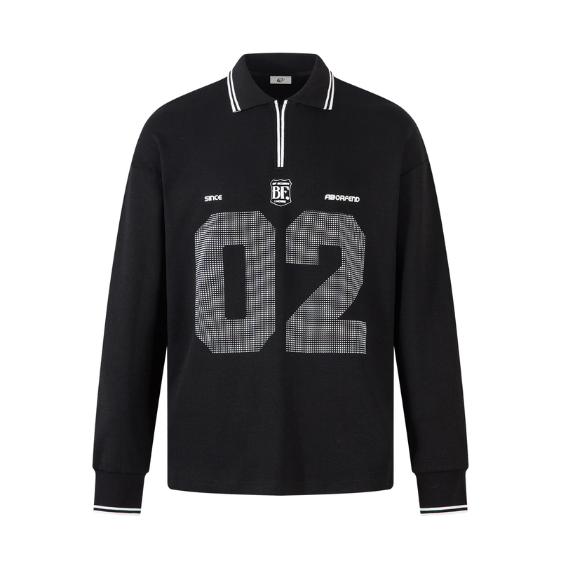 Front view of black long sleeve polo shirt with white striped collar and large 02 graphic