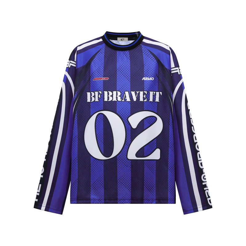 Blue and purple striped long sleeve jersey top with BF BRAVETT 02 graphic, front view