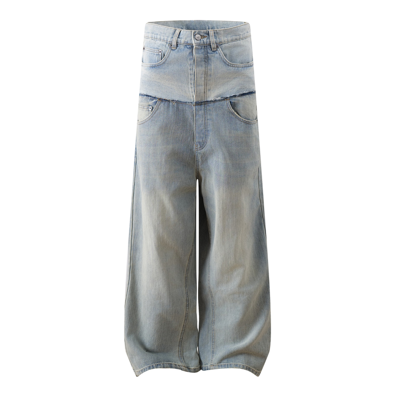 Front view of light two-tone washed wide-leg jeans with faded blue panels and wide legs