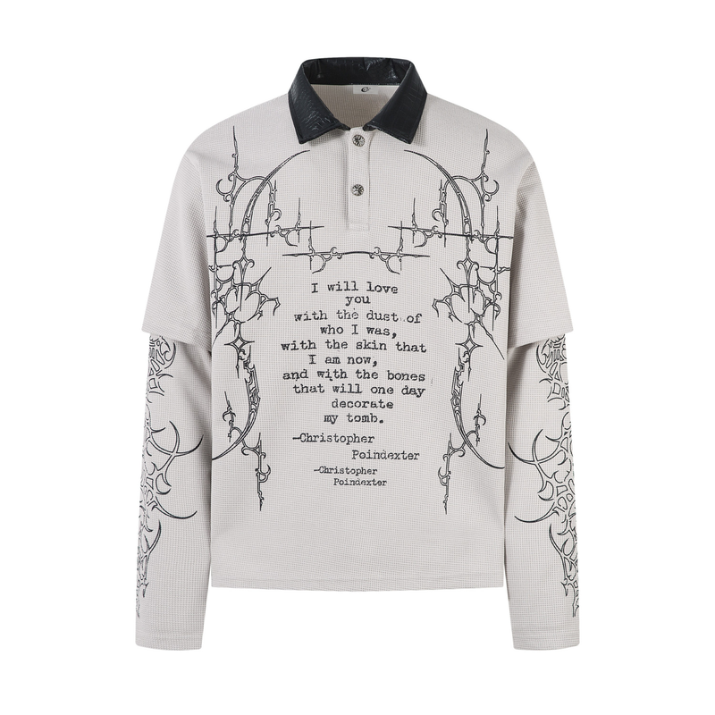 White layered long sleeve polo shirt with black leather-look collar and front poem graphic
