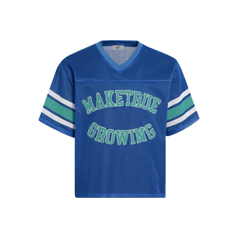 Blue mesh varsity jersey with green collegiate lettering and striped sleeves, featuring a boxy retro streetwear fit