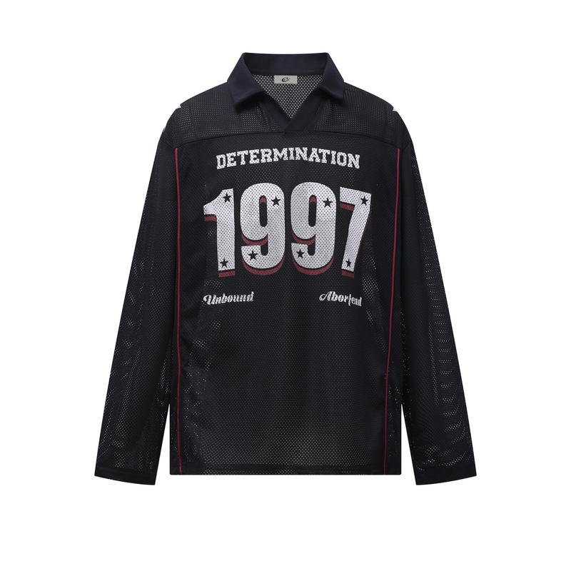 Navy mesh long-sleeve shirt front view with DETERMINATION 1997 print and red side piping