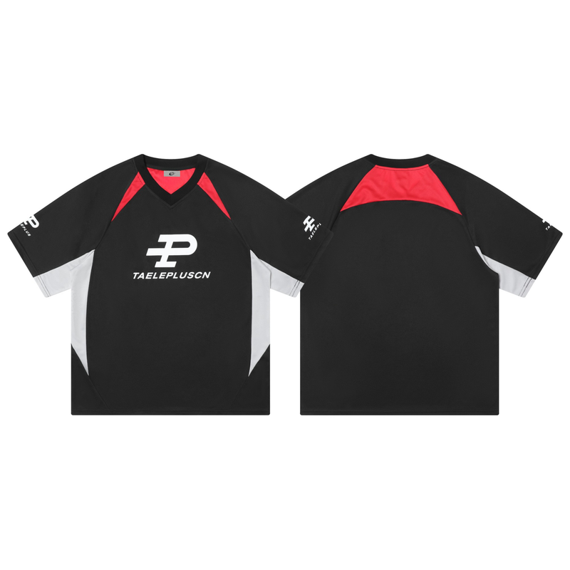 Black colorblock sport jersey tee with red shoulder panels, white accents, and front and back views