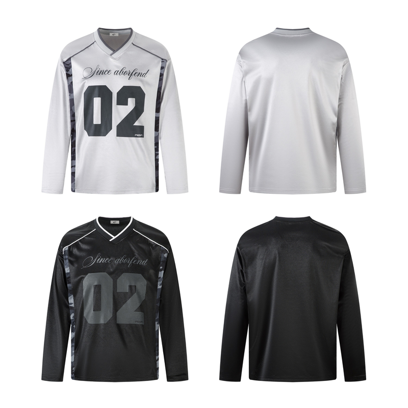 Front and back views of light gray and black V-neck long sleeve jersey top