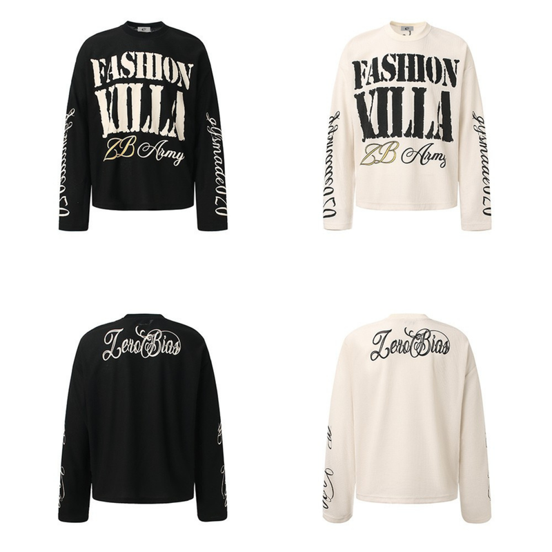 Front and back views of black and cream waffle knit long sleeve tops with graphic lettering