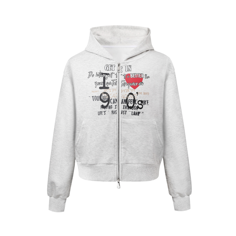 Light gray zip hoodie with collage-style graphic print, front view