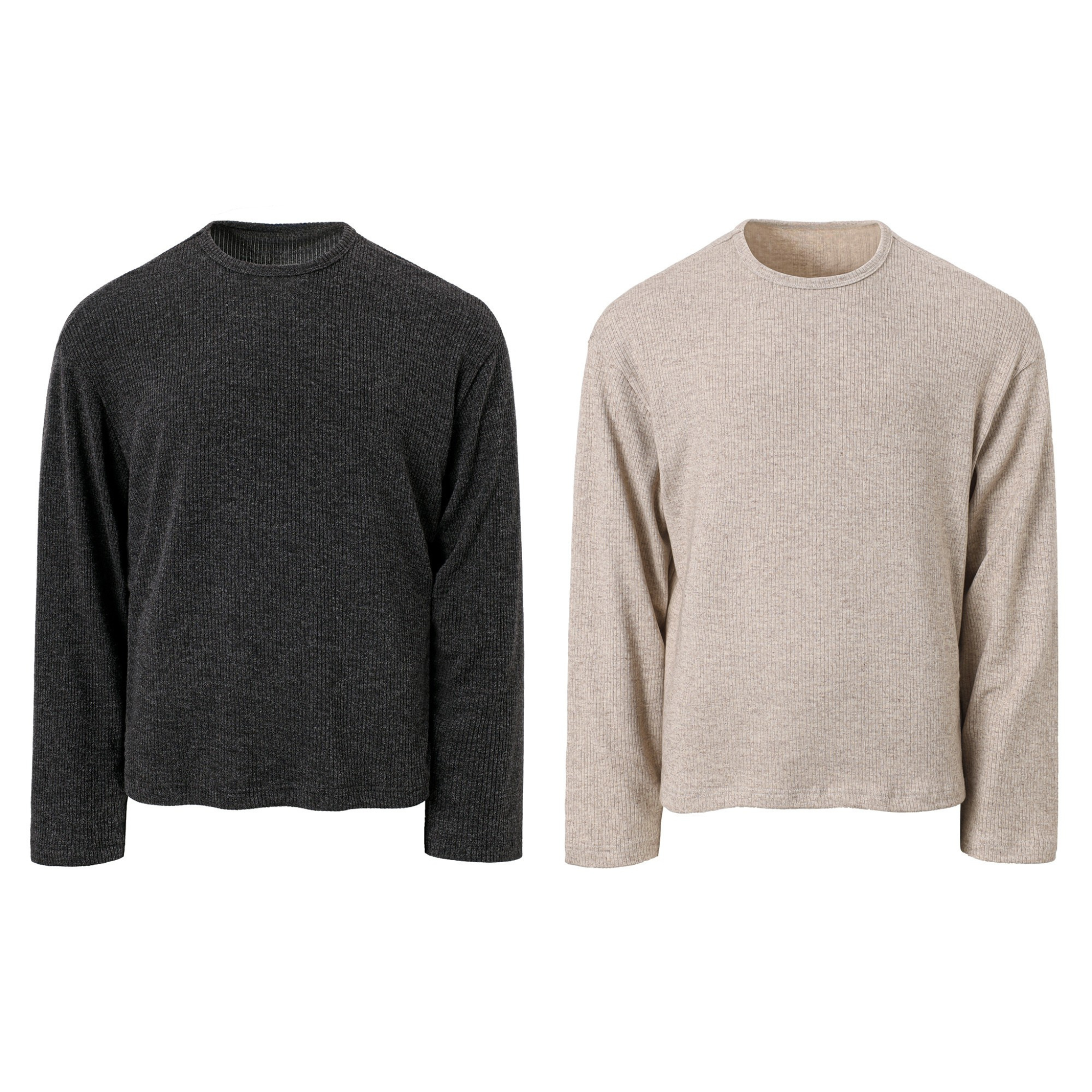 Two ribbed long-sleeve crew neck tees laid flat, one in charcoal and one in oatmeal, front view
