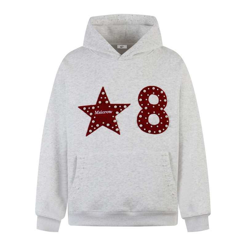 Front view of light gray hoodie with red star and number 8 appliqués, pearl studs, and kangaroo pocket