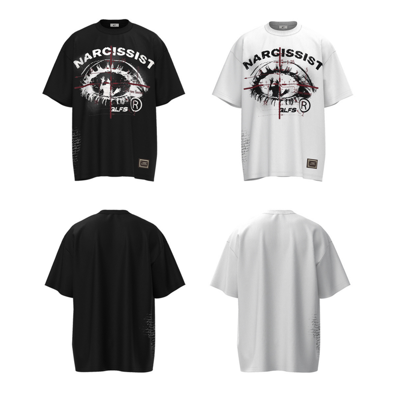 Black and white oversized streetwear tee with a bold eye graphic and Narcissist print on the front and back
