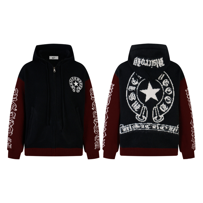 Front and back views of the black and burgundy knit zip hoodie with white star graphics